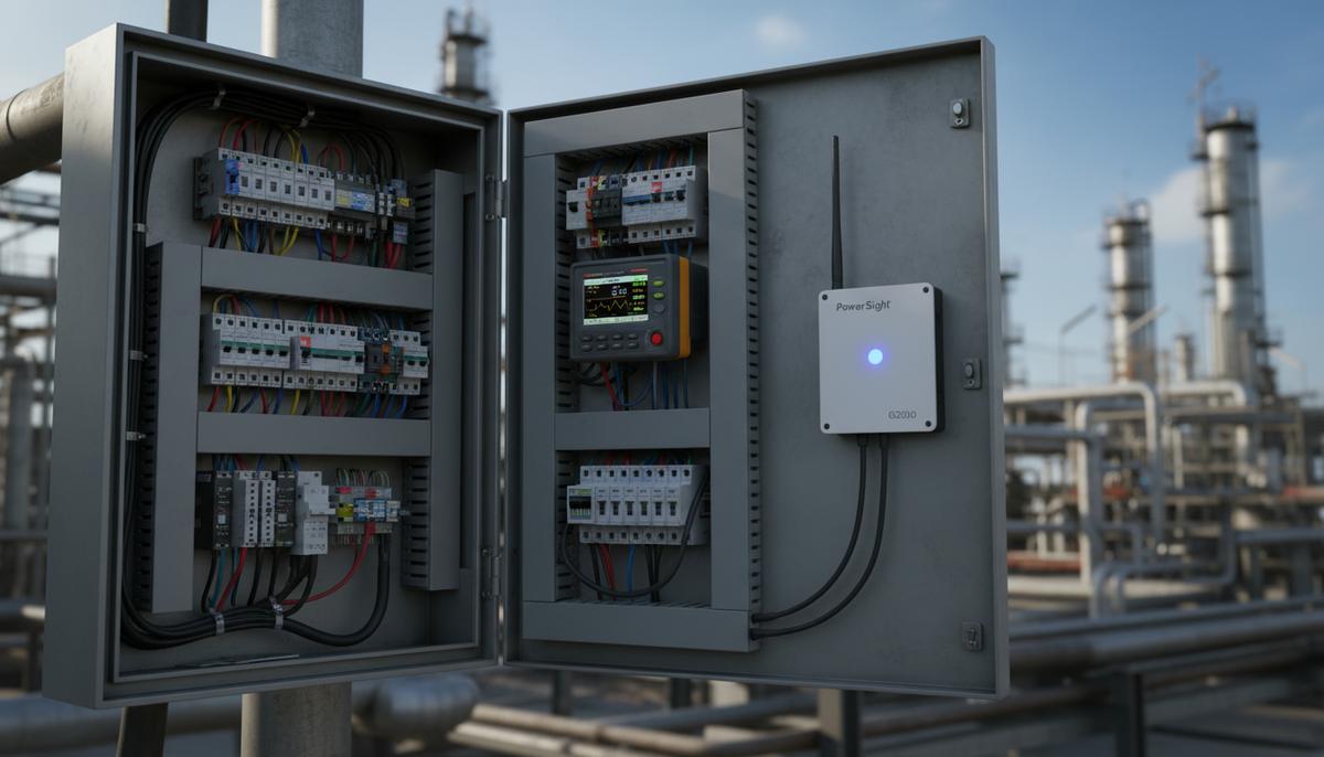 Summit Technology представила систему удаленного мониторинга для нефтегаза Открытый промышленный электрощит с анализатором мощности внутри и шлюзом для удаленного мониторинга снаружи на фоне трубопроводов нефтехимического завода.