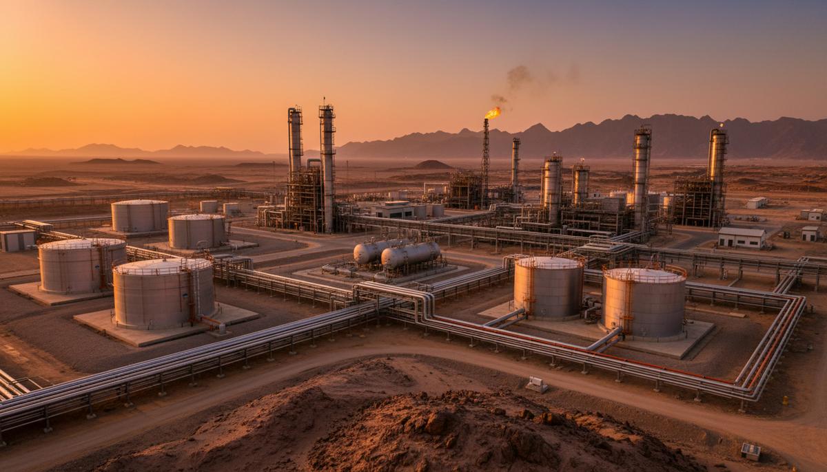 L&T и Petroleum Development Oman заключили 6-летнее EPC-соглашение Современный нефтегазовый перерабатывающий завод с трубопроводами и резервуарами в пустыне Омана на закате.