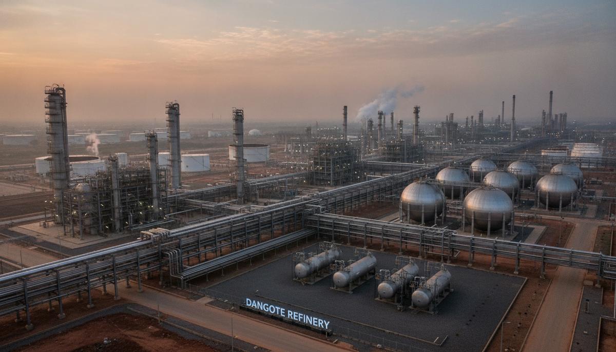 Индийская BHEL поставит газовые турбины для НПЗ Dangote в Нигерии Крупный современный нефтеперерабатывающий завод со сложной системой труб, технологических колонн и резервуаров на рассвете.