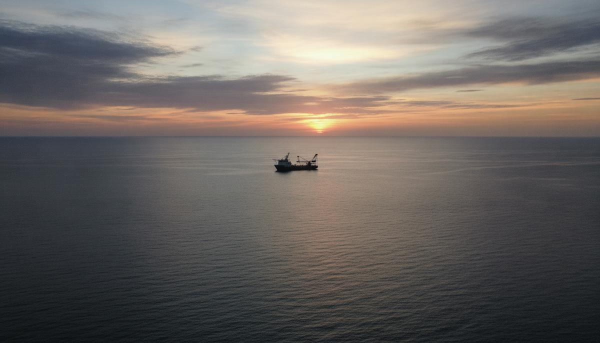 Рассвет в Тиморском море. Судно поддержки на месте вывода из эксплуатации морского нефтегазового месторождения.