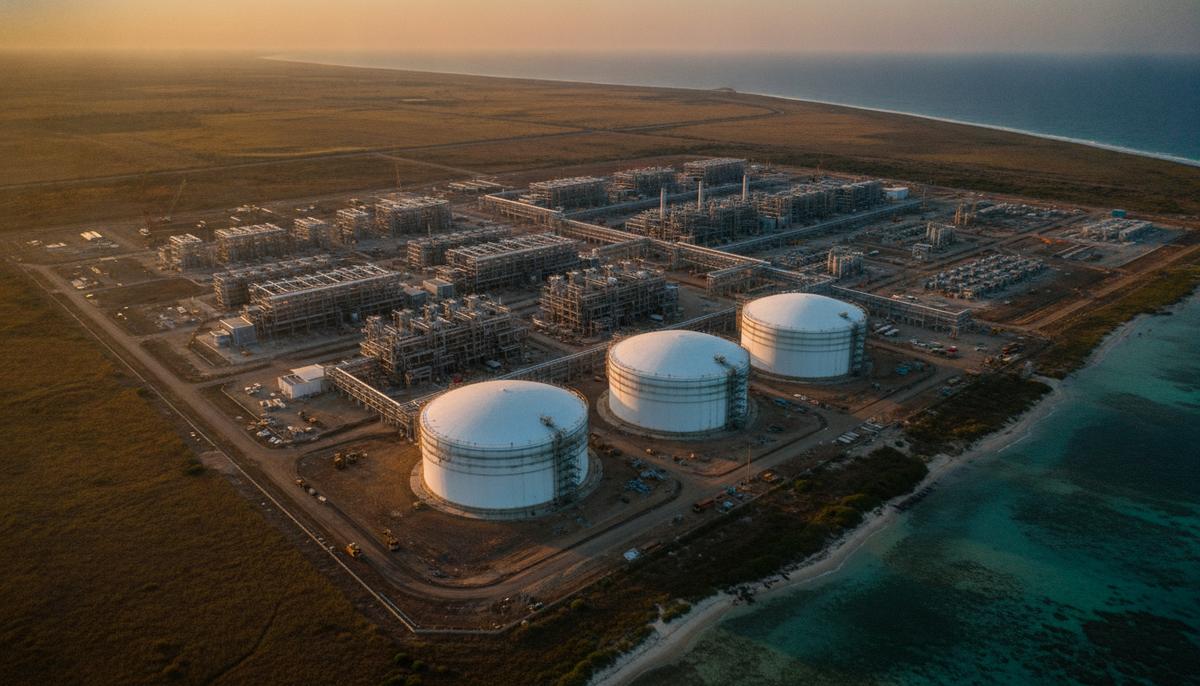Строящийся завод по сжижению газа на побережье Мозамбика: вид сверху на модульные установки и резервуары СПГ.