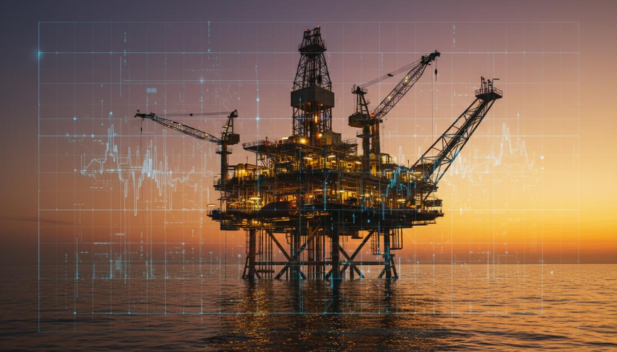 Нефтегазовая отрасль меняет подход к кибербезопасности из-за новых угроз Морская нефтедобывающая платформа с ярким освещением в вечернее время. Видны сложная структура, трубы и оборудование на фоне моря.
