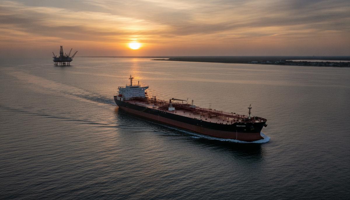 В США резко выросли морские поставки нефти после ослабления Закона Джонса Большой нефтяной танкер в море на рассвете у побережья, на горизонте видна нефтяная платформа.
