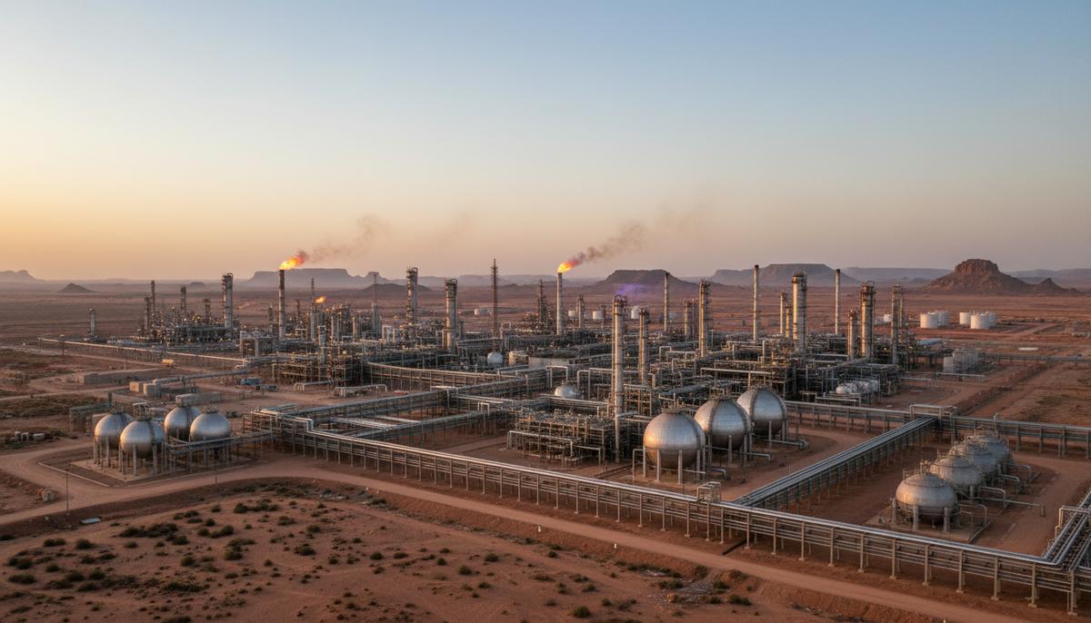 Крупный нефтеперерабатывающий завод с высокими трубами и сферическими резервуарами на фоне сухого равнинного пейзажа Нигера.
