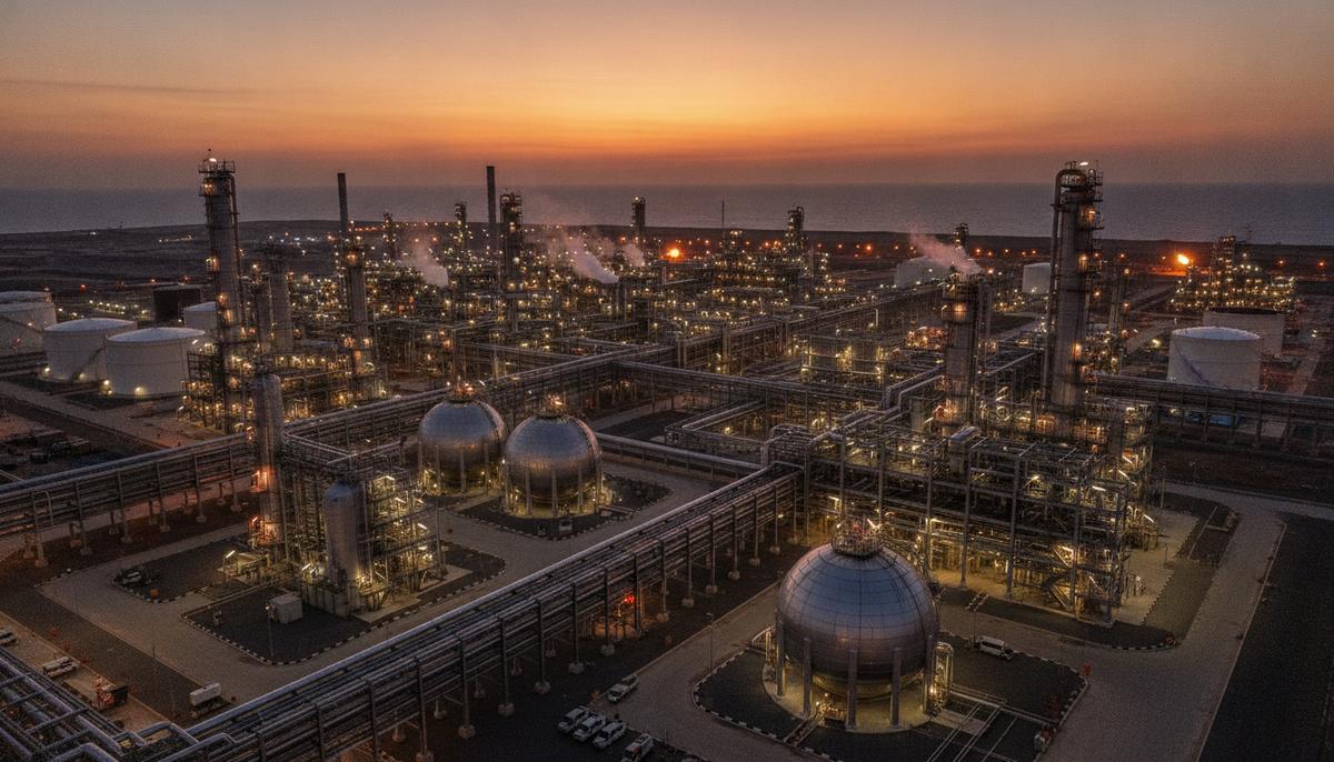 Панорамный вид на нефтеперерабатывающий завод Dangote с трубами, резервуарами и ректификационными колоннами в лучах заката.
