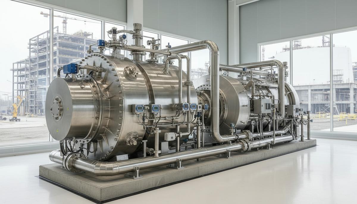 Doosan и Ebara Elliott Energy разработают компрессоры для СПГ-проектов Новый центробежный компрессор, соединенный с газовой турбиной, в сборочном цеху завода по производству СПГ-оборудования.