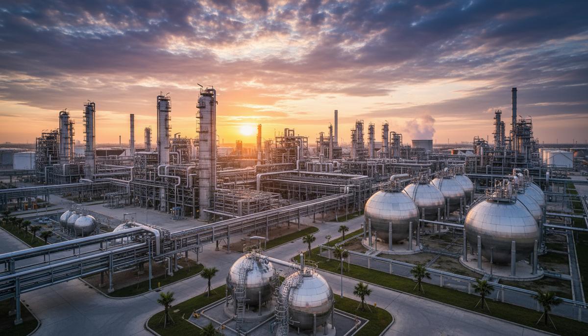 Современный нефтехимический завод с переплетением трубопроводов, дистилляционными колоннами и сферическими резервуарами на рассвете.