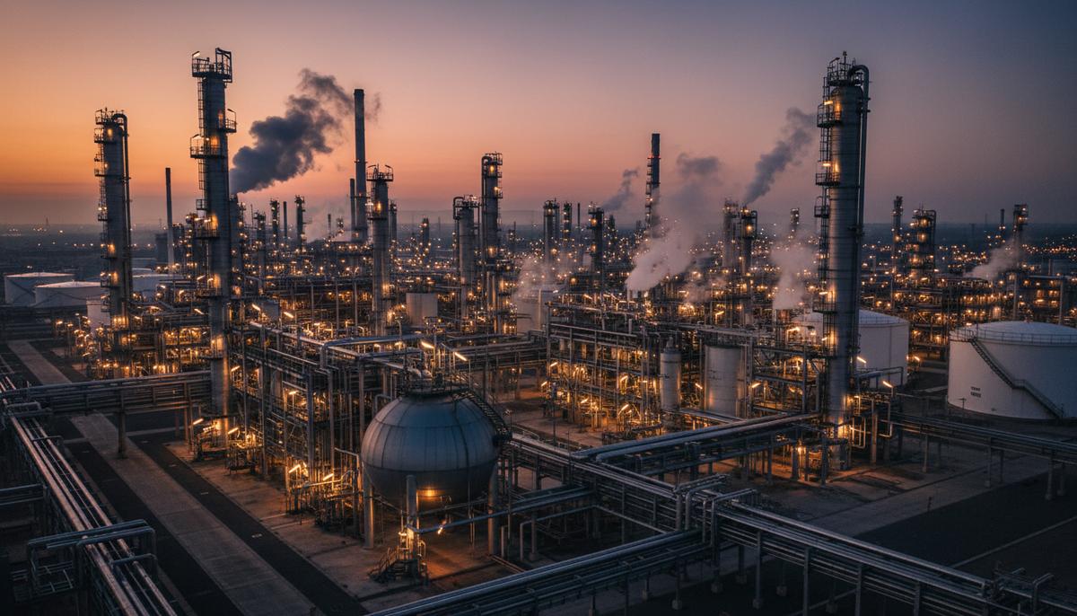 INEOS консолидирует контроль над критически важным химзаводом в Британии Промышленный комплекс химического завода с трубами, резервуарами и башнями, освещенный огнями в сумерках.