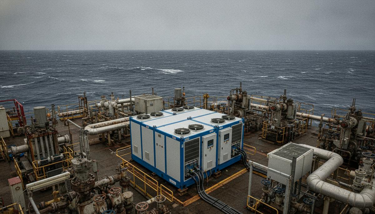 Морская нефтегазовая платформа в Норвежском море. На палубе среди промышленного оборудования установлены новые компактные электрические компрессоры.