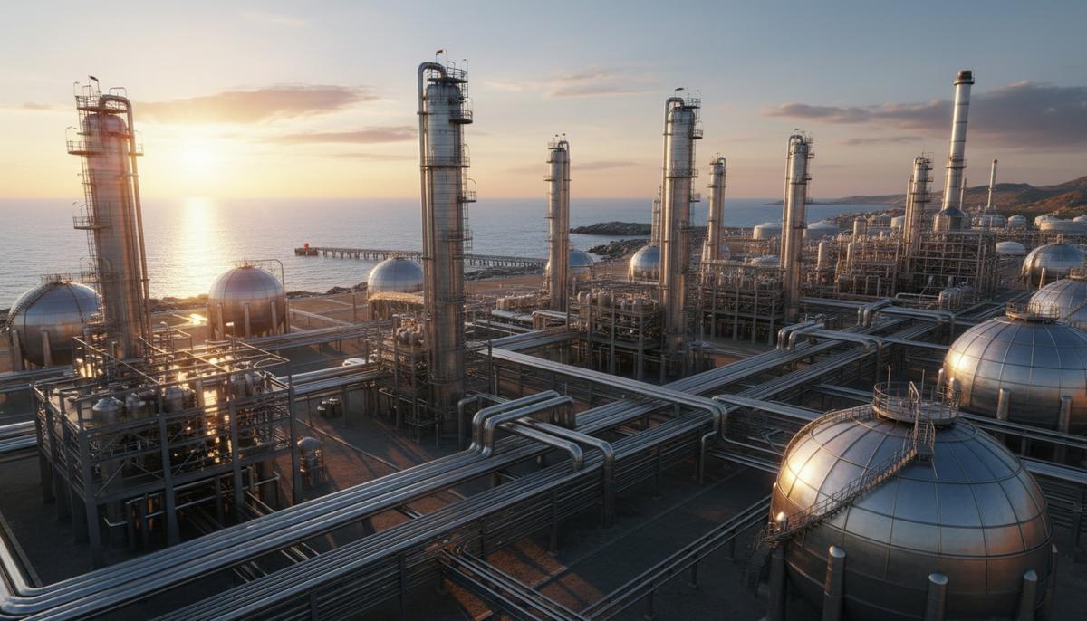 Нигерия семикратно нарастила морской экспорт нефтепродуктов с 2023 года Огромный современный нефтеперерабатывающий завод на побережье на рассвете. Видны промышленные установки, трубы и резервуары для хранения нефтепродуктов.