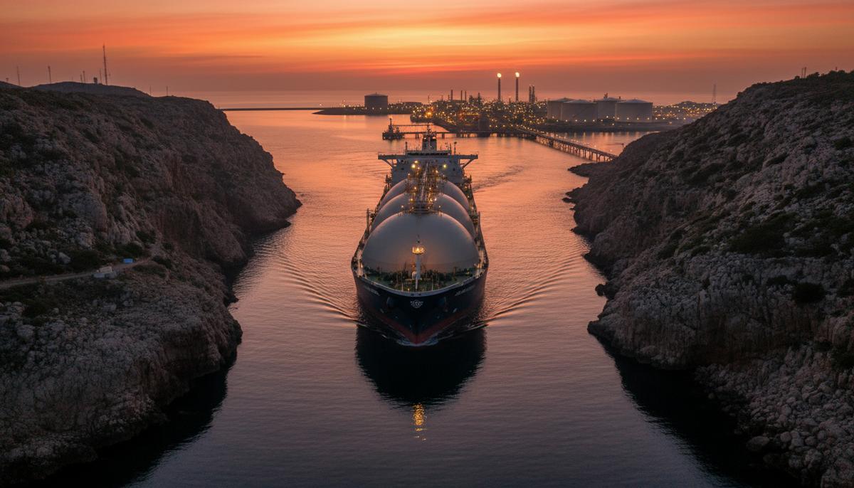 Огромный танкер-газовоз для перевозки СПГ проходит по морскому проливу на закате на фоне светящегося берегового терминала.