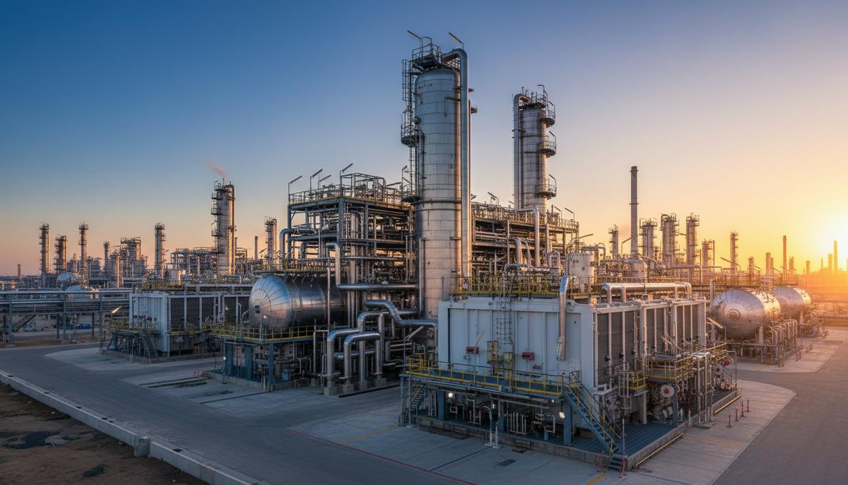 Современная установка по обессериванию бензина на нефтеперерабатывающем заводе. Сложная система стальных труб, цистерн и реакторов.