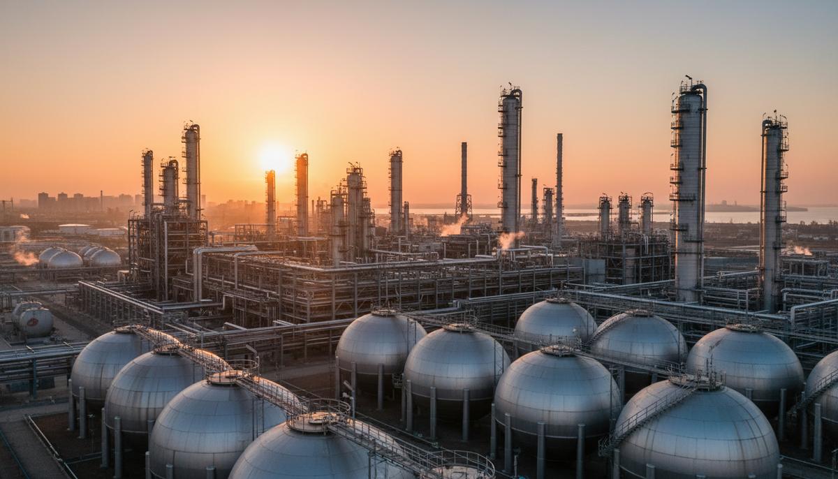 Крупный современный нефтехимический завод на рассвете, вид на промышленные установки, стальные трубы и резервуары для хранения.