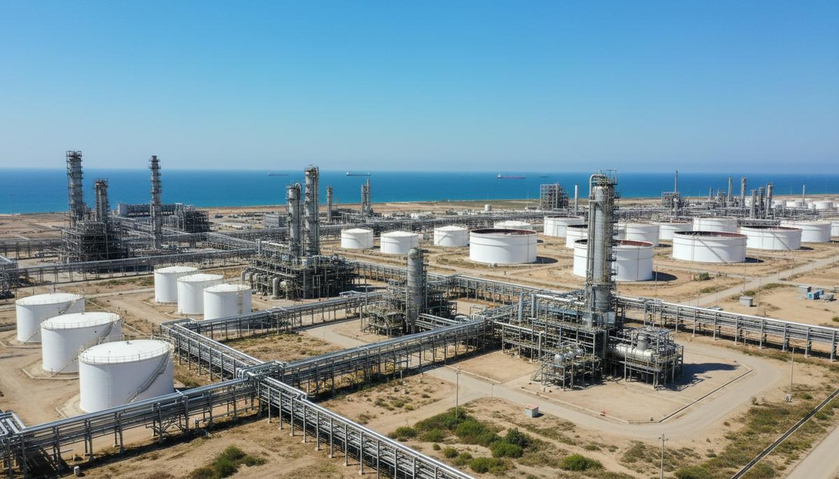 Бангладеш получит от ИБР $1 млрд на модернизацию нефтеперерабатывающего завода Промышленный пейзаж крупного нефтеперерабатывающего завода с комплексом трубопроводов, ректификационными колоннами и большими резервуарами для хранения топлива.