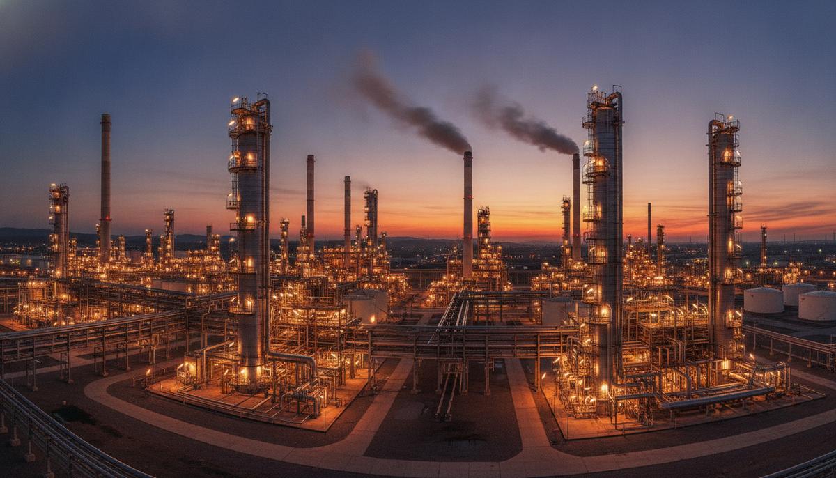 Сбои в мировой нефтепереработке вызвали дефицит топлива в США Крупный нефтеперерабатывающий завод в сумерках, освещенные ректификационные колонны и переплетение трубопроводов на фоне вечернего неба.