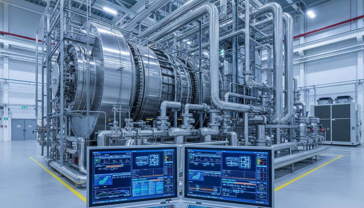 Крупная газовая турбина на промышленном объекте, окруженная сложной системой трубопроводов и датчиков.
