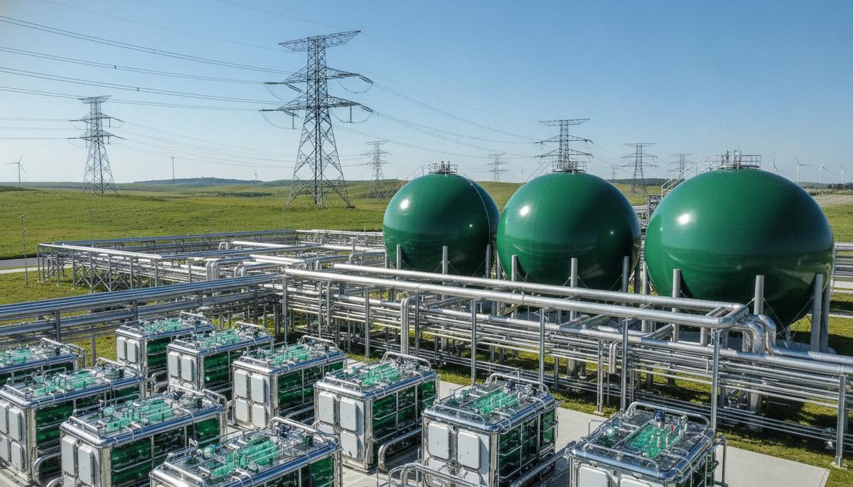 ELES, Plinovodi и Yokogawa будут развивать водородную энергетику в Словении Современный завод по производству водорода с резервуарами для хранения, трубопроводами и опорами ЛЭП на фоне зеленого пейзажа.