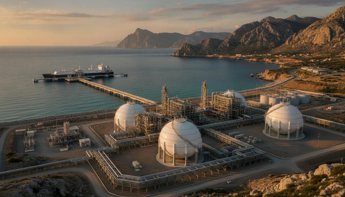 Современный СПГ-терминал с большими резервуарами для хранения газа и причалом на побережье Адриатического моря в Албании.