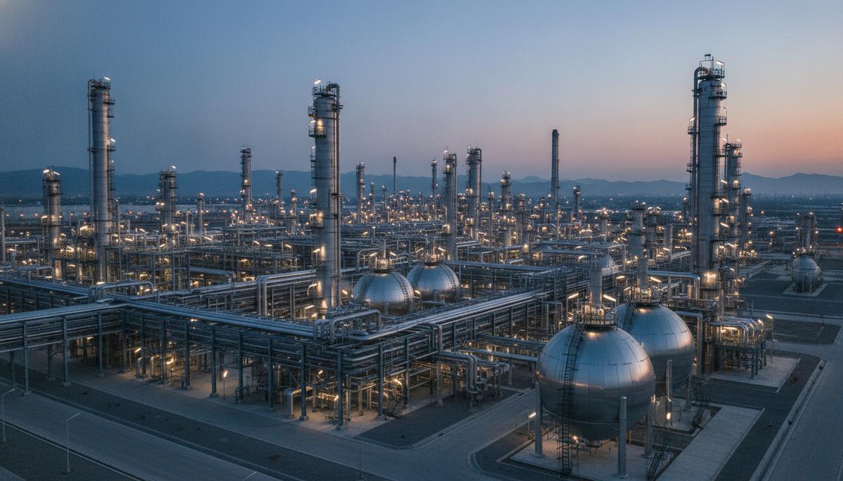 Современный нефтехимический комплекс по производству ароматических углеводородов с переплетением труб, реакторов и колонн.