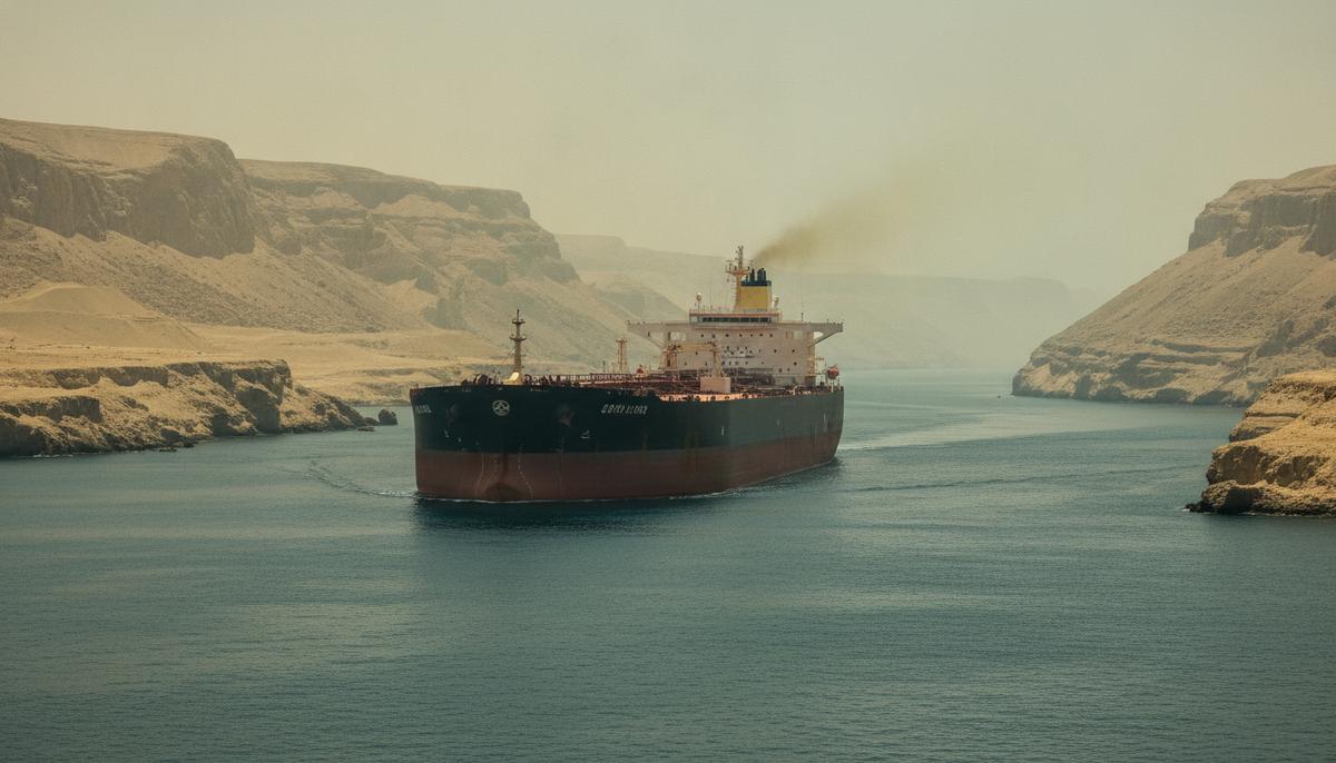 Огромный нефтяной танкер проходит через узкий морской пролив на фоне скалистых пустынных берегов в жаркий день.
