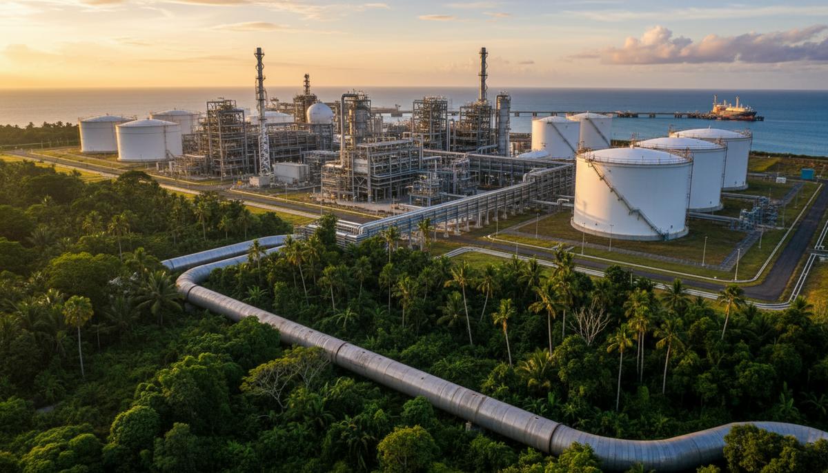 Wood получила контракт на $200 млн для проекта PNG LNG в Папуа-Новой Гвинее Завод СПГ на побережье Папуа-Новой Гвинеи с резервуарами и трубопроводом, проходящим через тропические джунгли.