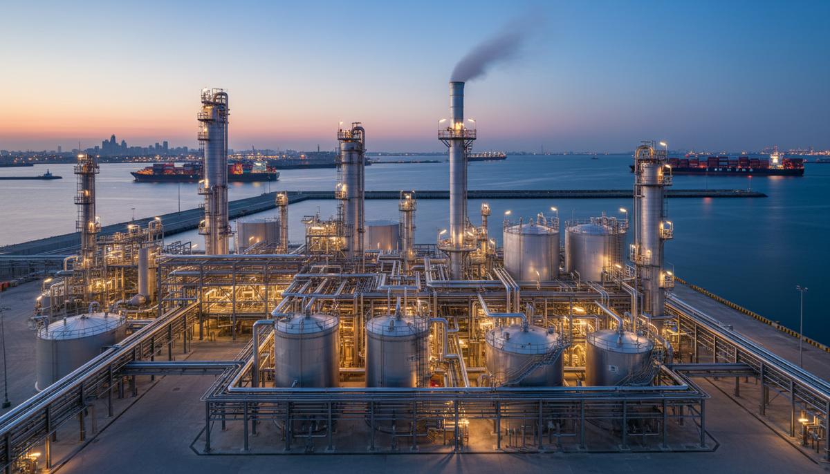 Perpetual Next и Bilfinger займутся проектом по биометанолу в Нидерландах Современный биометанольный завод с резервуарами и трубопроводами в промышленном порту на закате.