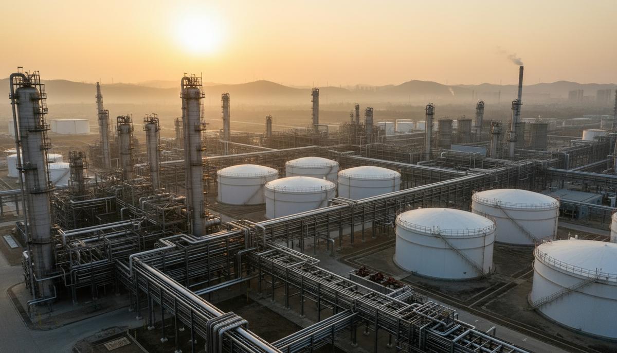 Tecnimont разработает проект нового нефтехимического комплекса в Азии Крупный нефтехимический завод с переплетением трубопроводов и резервуаров на фоне рассветного неба.