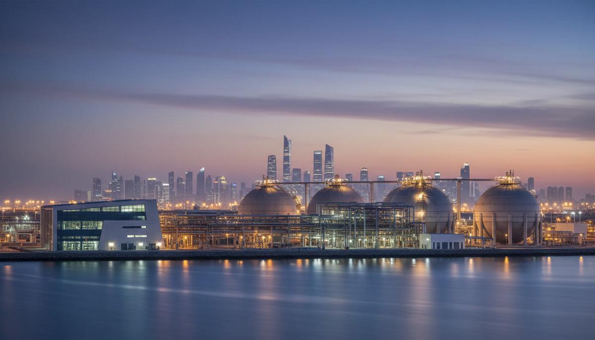 ADIPEC 2026 в Абу-Даби сфокусируется на инвестициях в энергосистемы Крупный газовый терминал с освещенными трубопроводами и сферическими резервуарами на фоне вечернего Абу-Даби.