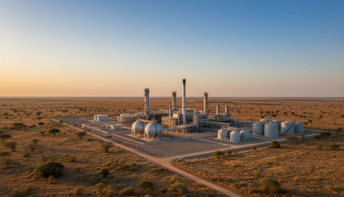 Dangote построит в Кении крупнейший в мире НПЗ при поддержке Honeywell Современный нефтеперерабатывающий завод с трубопроводами и резервуарами на фоне африканской саванны, вид с воздуха.