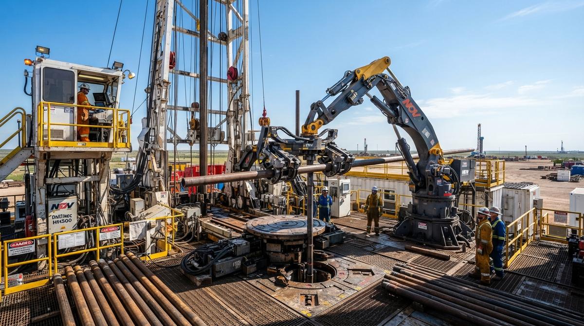 Роботизированная система на площадке современной нефтяной буровой установки, перемещающая стальные трубы.