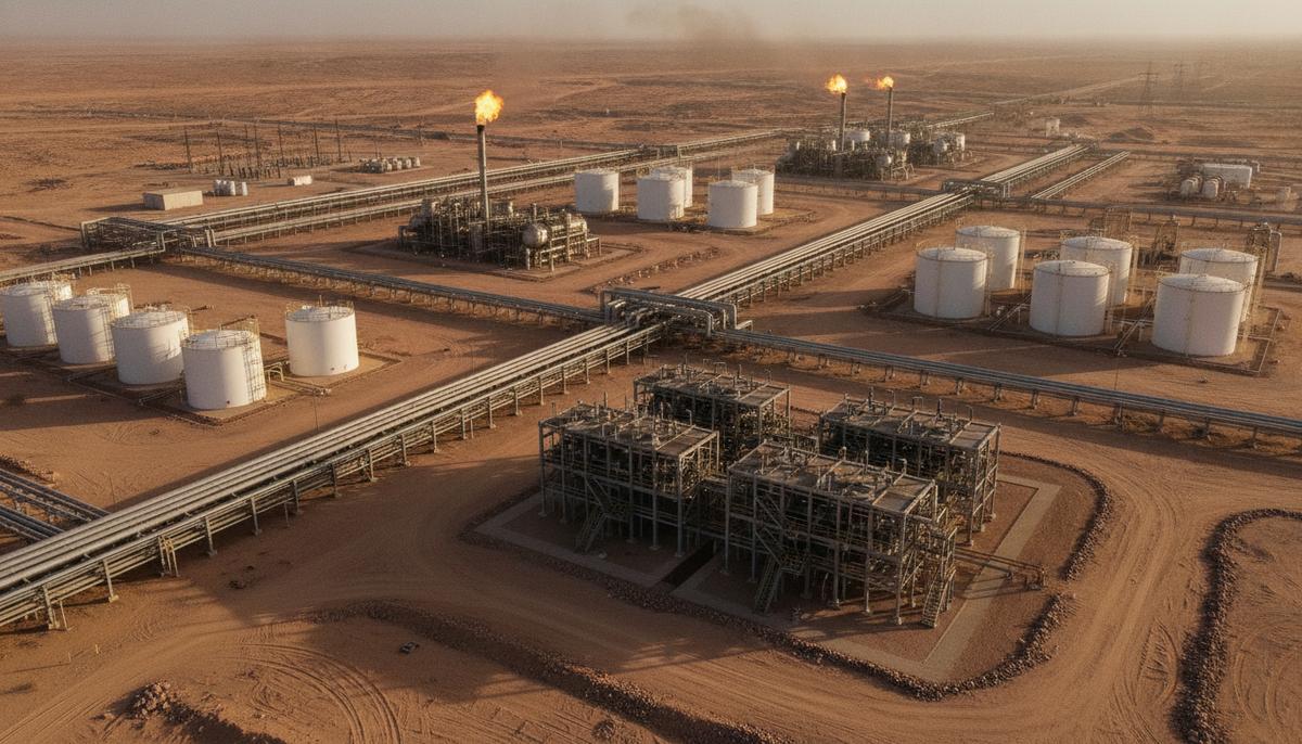 Промышленный газоперерабатывающий комплекс в пустыне: сеть стальных трубопроводов и резервуары для хранения.