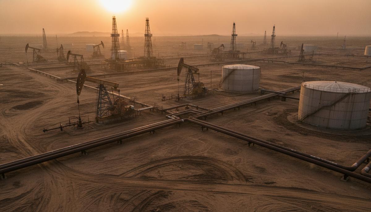 Американская PCEC вложит 3,5 млрд долларов в нефтедобычу Венесуэлы Масштабное нефтяное месторождение с буровыми вышками, металлическими трубопроводами и стальными резервуарами.