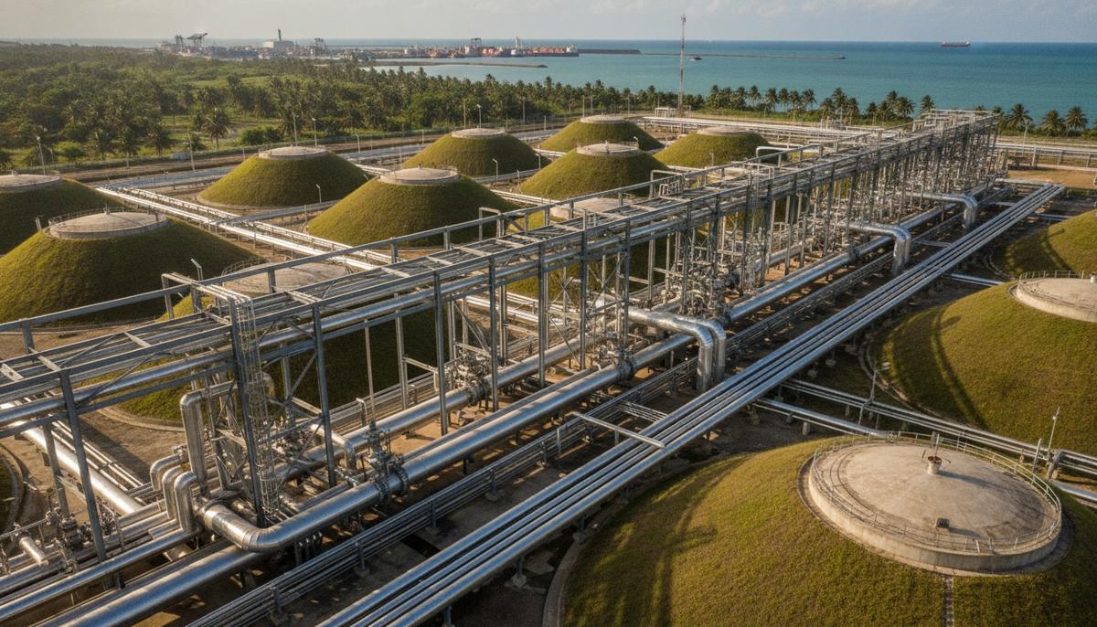 Asiko Energy завершила первый этап строительства газового терминала в Нигерии Промышленные резервуары газового терминала и металлические трубопроводы на фоне морского порта в Нигерии.
