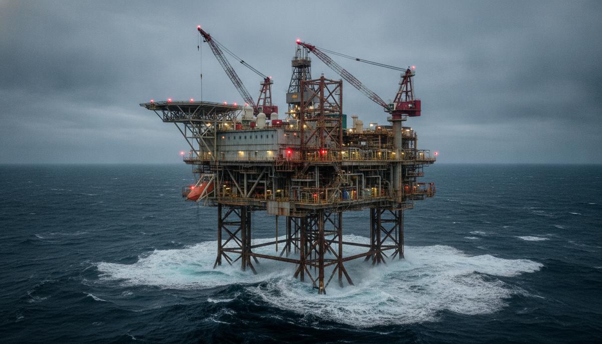 Equinor открыла запасы газа на месторождении Гульфакс в Северном море Морская нефтяная платформа с вышками и кранами в открытом море среди темных волн под пасмурным небом.