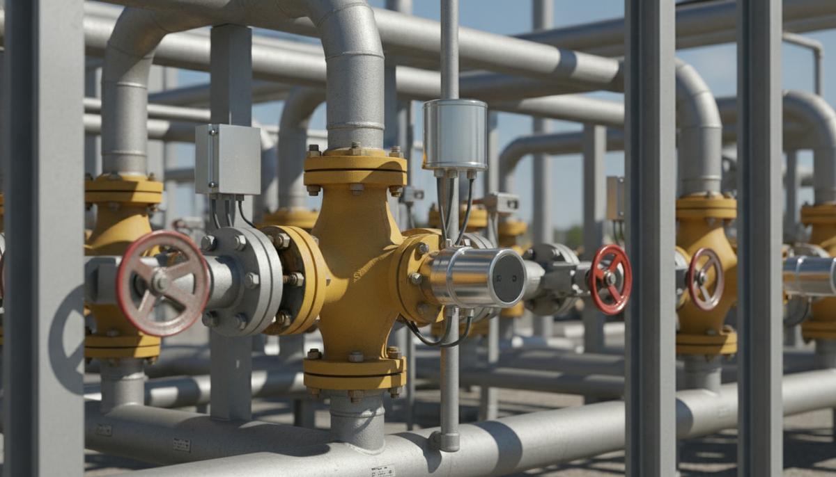 В Испании протестируют умную систему управления газовой сетью от Utonomy Промышленная газораспределительная станция с металлическими трубами, желтыми регуляторами давления и датчиками.