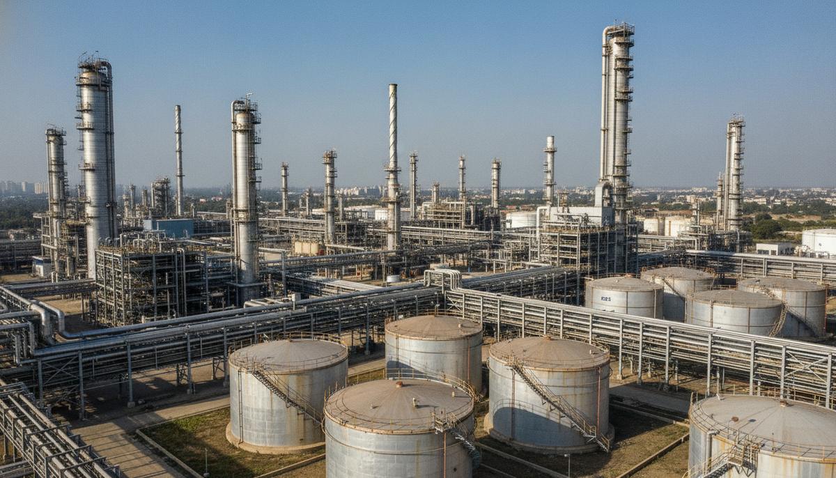 Компания «Technip Energies» модернизирует крупный НПЗ в Индии Панорама нефтеперерабатывающего завода: высокие стальные колонны, сеть трубопроводов и крупные промышленные резервуары.
