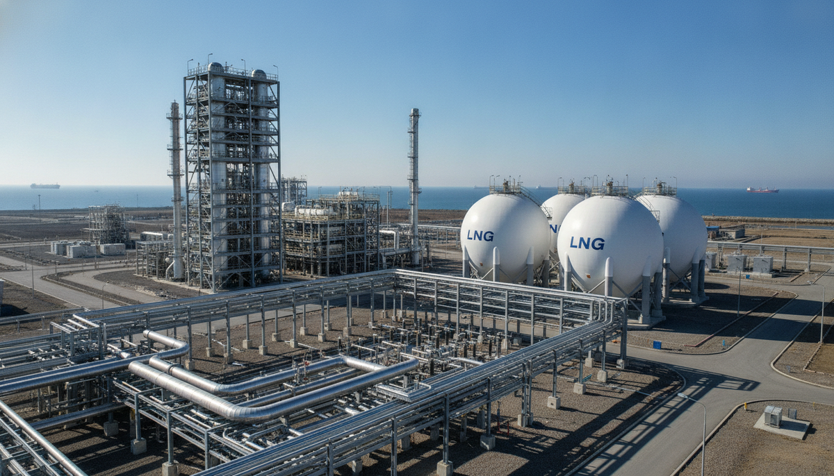 Air Products построит установку разделения воздуха на СПГ-терминале в Малайзии Современный СПГ-терминал с криогенными резервуарами, системой металлических трубопроводов и промышленными вышками.