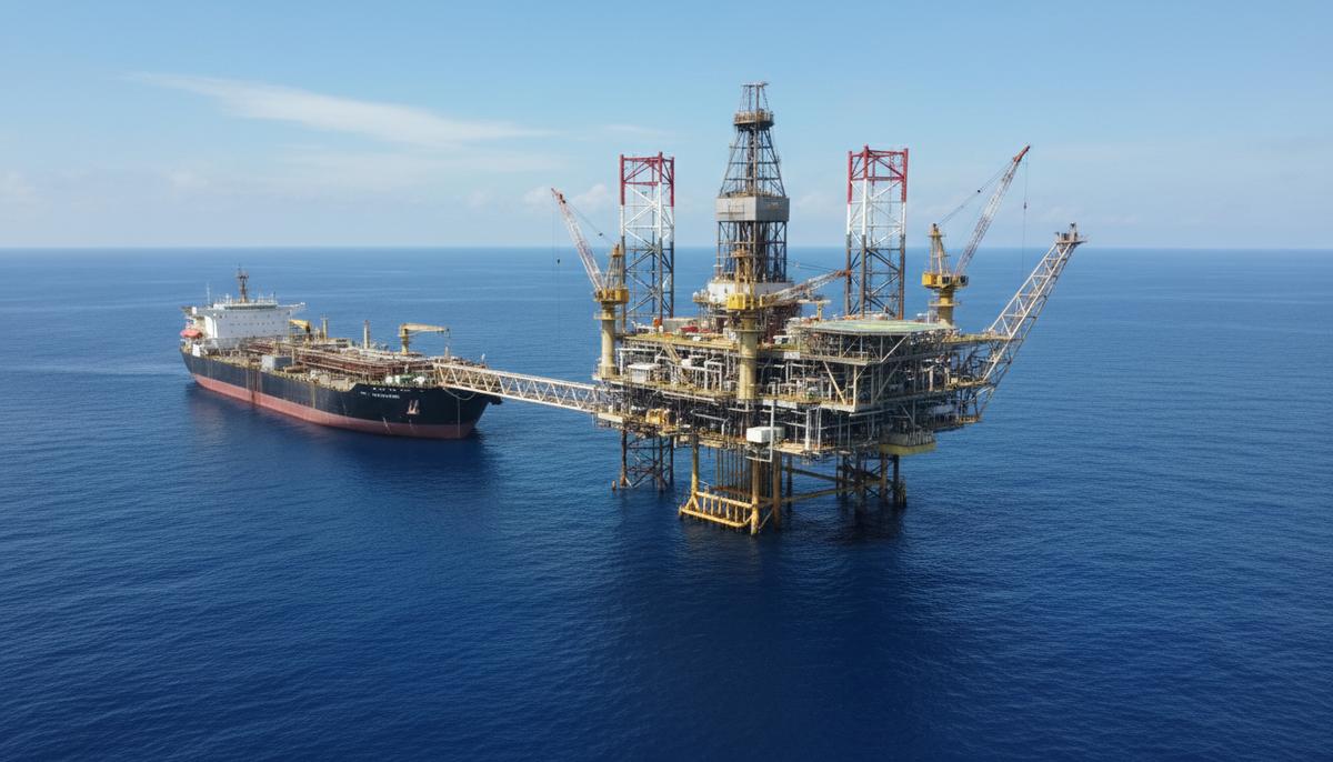 Murphy Oil открыла новые запасы и нарастила добычу на шельфовых проектах Морская нефтяная платформа с буровыми вышками и промышленным оборудованием в открытом океане на фоне ясного неба.