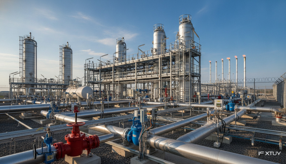 Промышленный газоперерабатывающий комплекс с сетью трубопроводов, вентилями и датчиками на фоне ясного неба.
