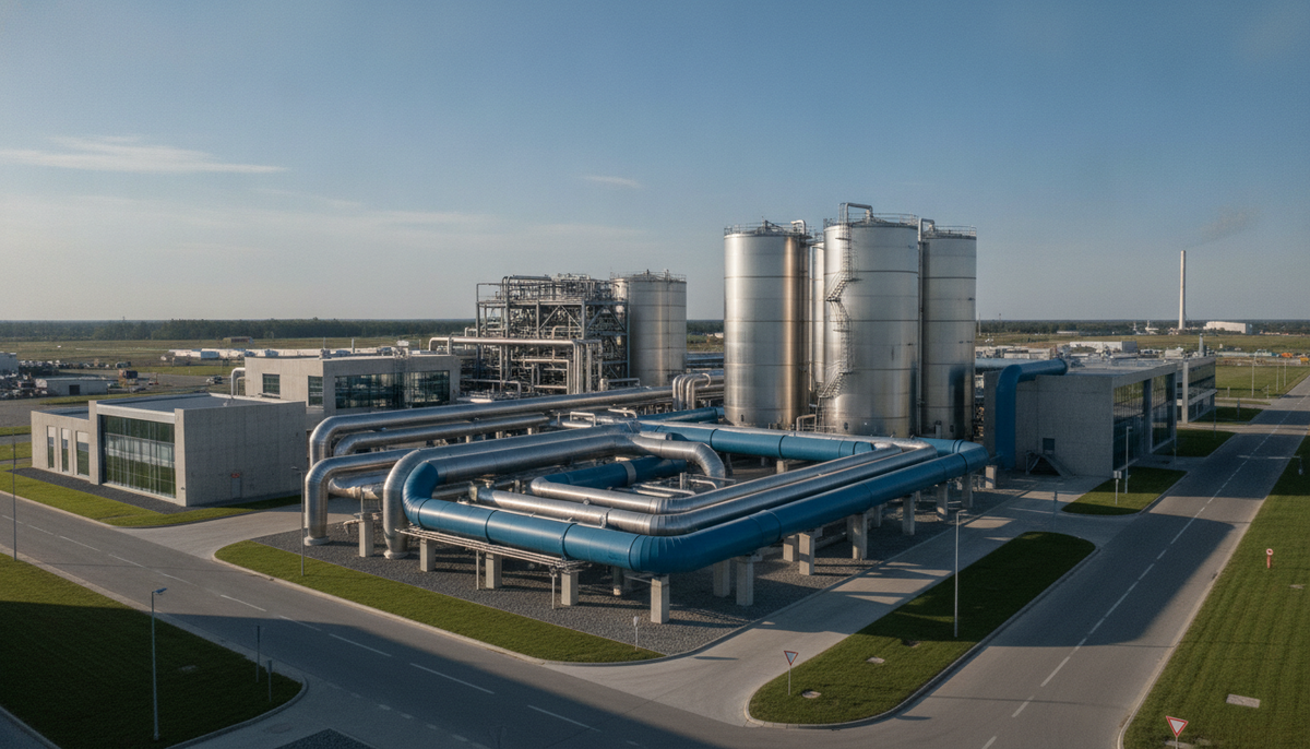 Евросоюз инвестирует 120 млн евро в технологии улавливания и хранения CO2 Промышленная установка для улавливания углекислого газа с большими металлическими трубами и резервуарами.