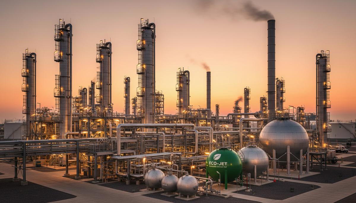 Промышленный нефтеперерабатывающий комплекс с металлическими колоннами, резервуарами и трубопроводами на закате.