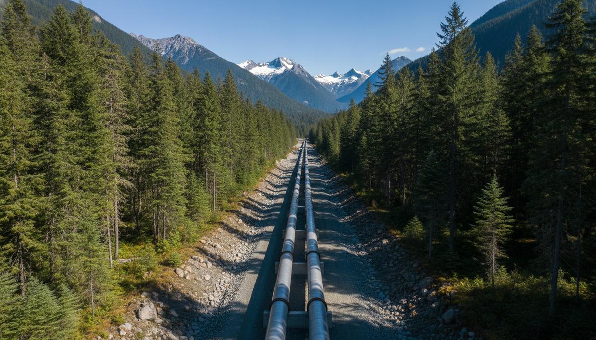 TC Energy передала долю в газопроводе Coastal GasLink коренным народам Канады Крупный стальной газопровод, проложенный через густой хвойный лес на фоне горного пейзажа под ясным небом.