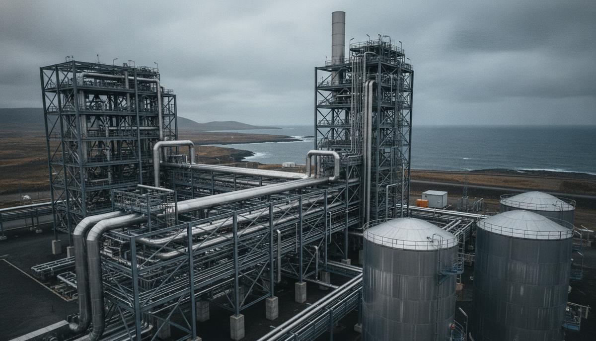 Развитие технологий CCS стимулирует промышленный рост в Великобритании Современный промышленный комплекс по улавливанию углерода с металлическими трубопроводами и большими резервуарами.