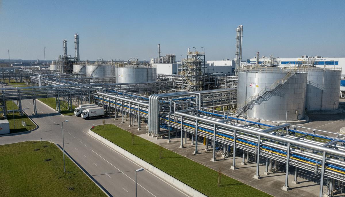 BASF и HSCC объединят европейские активы по выпуску полиамида Современный химический завод с металлическими трубопроводами и большими стальными резервуарами для полимеров.
