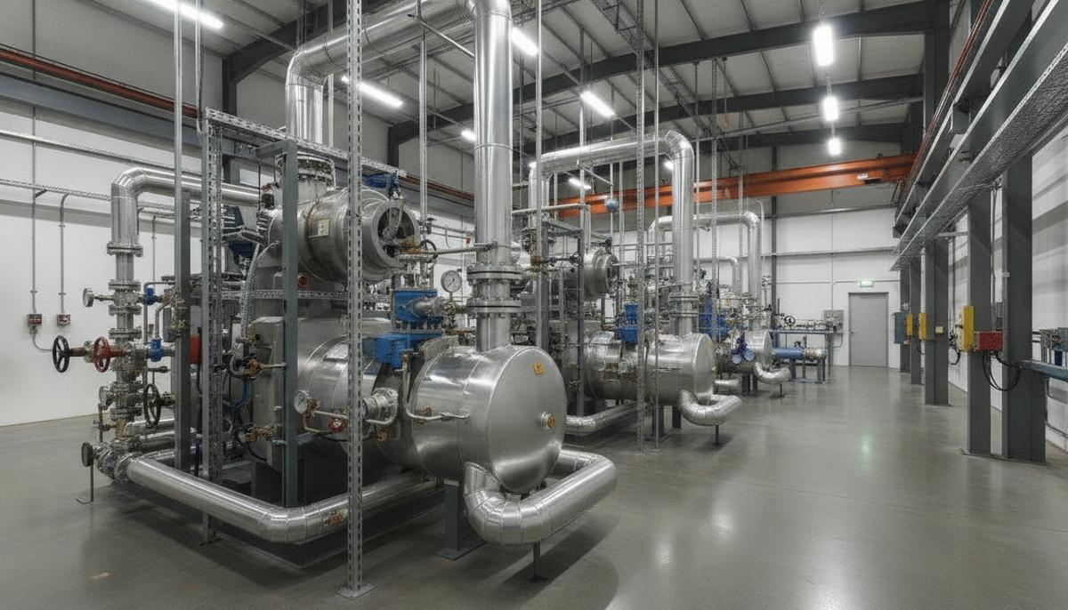 Промышленный цех с массивными металлическими газовыми компрессорами, системой трубопроводов, вентилями и манометрами.