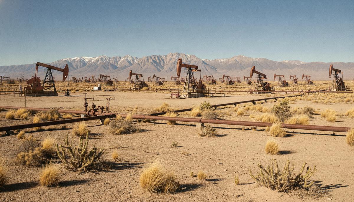 Laredo Oil обсудила добычу на старых месторождениях в Аргентине Засушливый пейзаж со старыми нефтяными насосами, ржавыми трубопроводами и редкой растительностью на фоне гор.