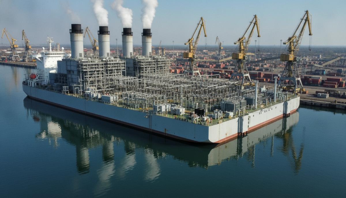 Seatrium и Karpowership создадут пять плавучих электростанций Whale Class Огромное судно-электростанция с промышленными трубами и генераторами пришвартовано у причала современной верфи днем.