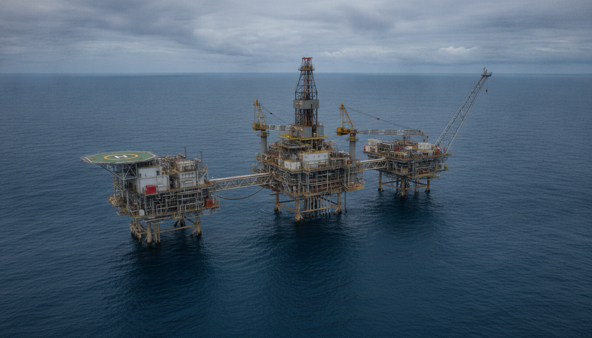 Морская газодобывающая платформа в Северном море с индустриальными вышками и кранами на фоне облачного неба.