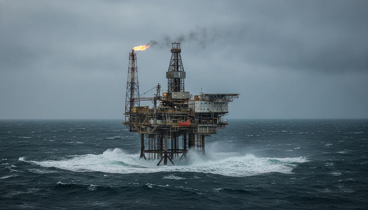 Морская газодобывающая платформа с металлическими вышками среди волн Северного моря в пасмурный день.