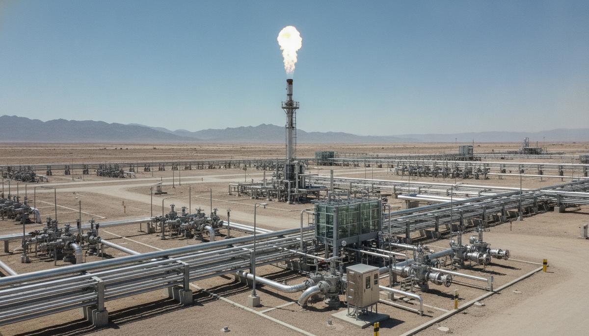 Современный нефтегазовый комплекс в пустыне: металлические трубопроводы, клапаны и факельная установка на фоне неба.